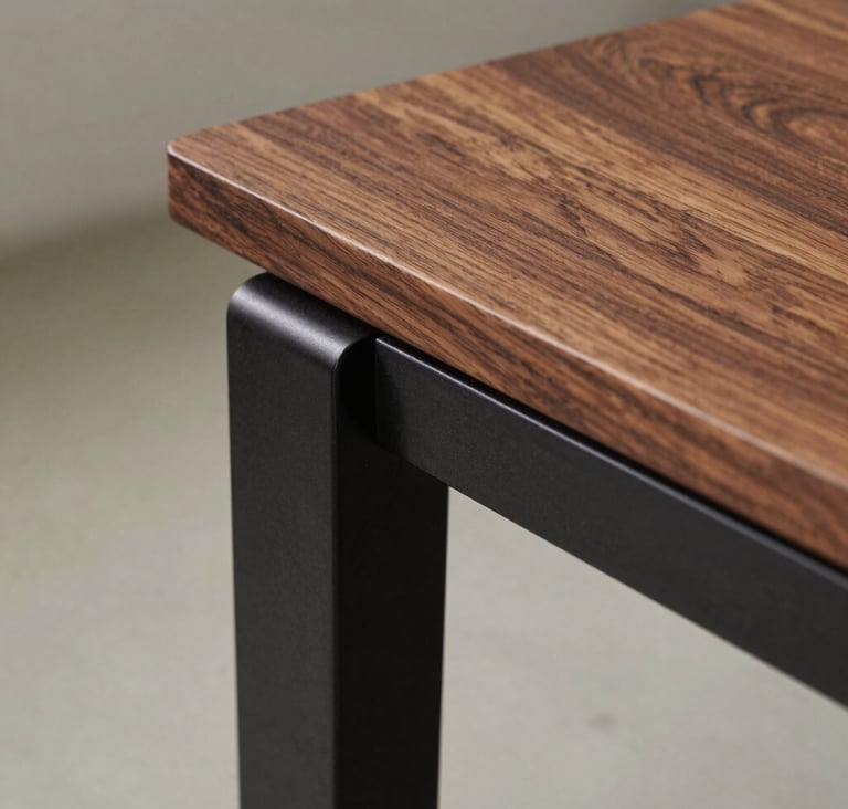 Close-up detail of a custom-designed wooden side table. The wood texture is rich and natural, contrasted with deep charcoal black metal accents. Soft, diffused daylight from the side. Editorial style, focus on tectonic details.