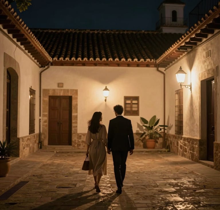 Fotografía cinematográfica de una pareja caminando por un patio histórico español de noche, iluminado por faroles cálidos, sombras profundas, ambiente sofisticado y elegante.