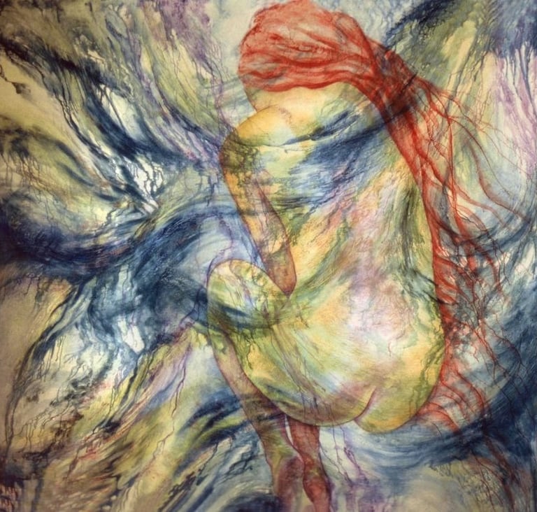 art, mural, indoors, abstract realism, female figure, washes, texture