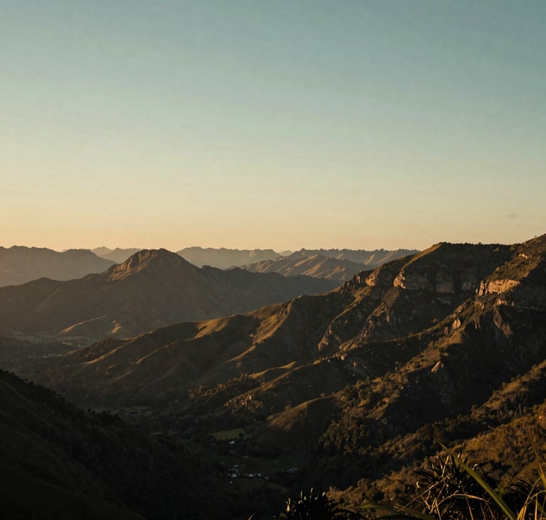 Wide cinematic shot of a sunset over the mountains of the Vale do Aço in South America / Brazil, with Ocean Slate and Soft Sage tones in the sky, captured with a professional film aesthetic.