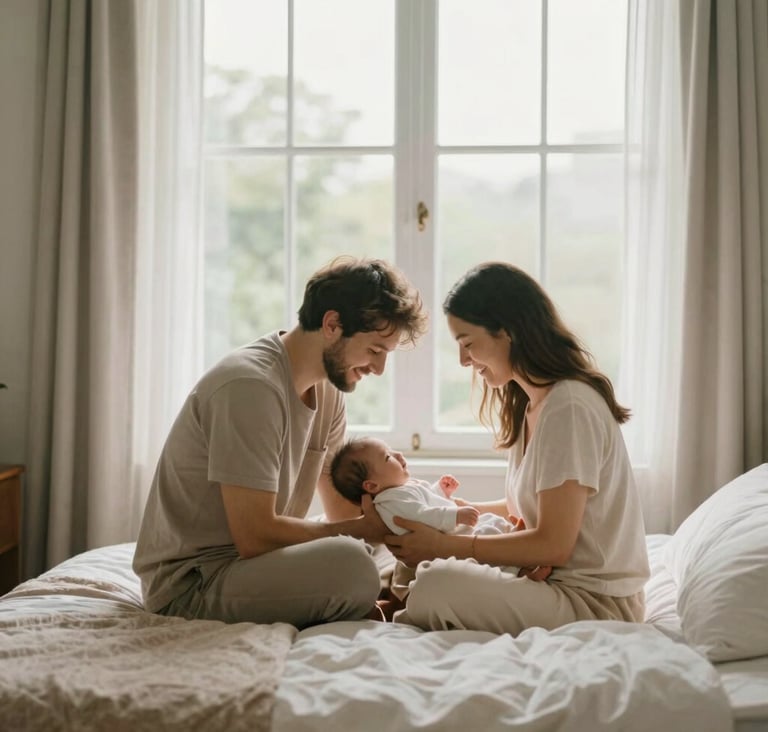 A wide, cinematic shot of a young couple sitting on a bed by a large window, bathed in warm, natural light. They are looking down at their newborn baby with genuine smiles. The room is airy and bright, featuring soft #F8F0E3 and #C0766B color tones. High-end lifestyle photography style.