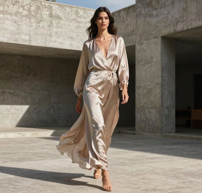 A cinematic video thumbnail showing a fashion model in a flowing silk garment, walking through a South American courtyard with modernist concrete walls. Natural bright sunlight, sharp shadows, and a clean, high-end aesthetic.