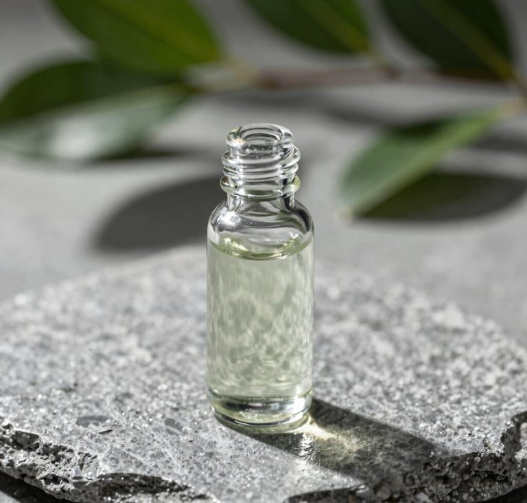 Macro photography of a glass serum bottle on a Soft Silver stone surface. The water-like liquid inside is clear, catching highlights of Muted Sage and Deep Charcoal Green shadows from nearby foliage.