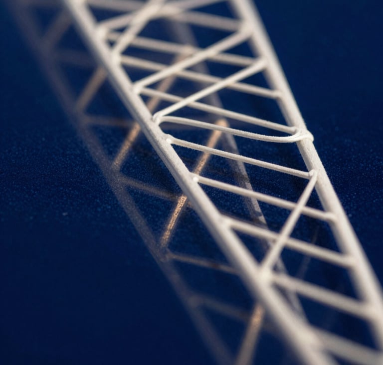 An artistic macro photograph of delicate, geometric light patterns reflecting off a dark surface. The composition uses Deep Prussian Blue and Soft Off-White to suggest a bridge between computational logic and organic beauty. High contrast and precise focus.