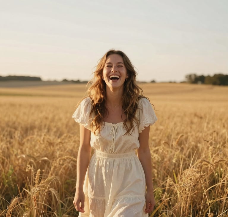 A stunning wide-angle senior portrait in a golden sunlit field in the North American / US countryside. The subject is wearing a classic cream dress, laughing naturally. The atmosphere is timeless, warm, and joyous, with soft depth of field.