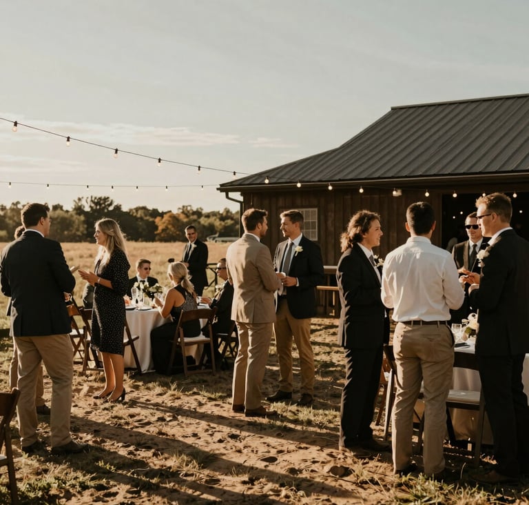 Wide candid shot of a rustic wedding reception in a North American / US outdoor setting. People are interacting naturally under warm string lights. The scene is bathed in a sun-drenched golden hour glow with charcoal shadows and soft sand highlights.