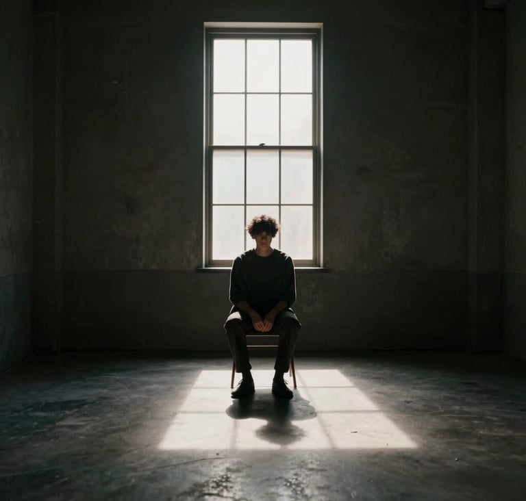 A minimalist wide shot of a subject sitting in a dark room. A single beam of soft white light from a high window illuminates the scene, casting long shadows. Moody, cinematic atmosphere in charcoal tones.