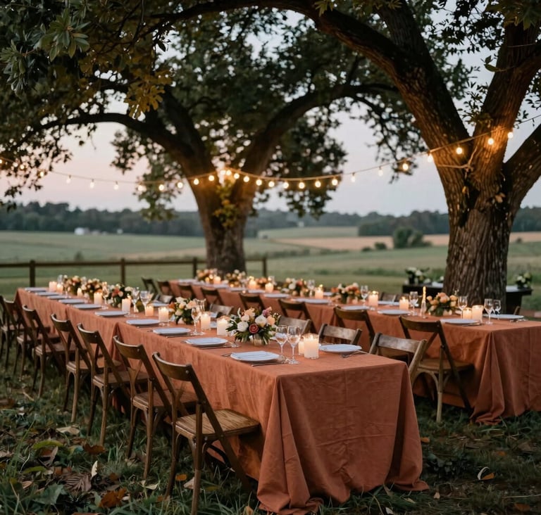 A wide cinematic shot of an outdoor wedding reception in a North American countryside at dusk. Long wooden tables with terracotta colored linens are set under large trees with hanging lights, creating a warm and authentic atmosphere.