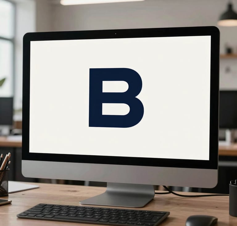 A wide, clean shot of a creative studio in an International / Western city. A large professional monitor displays a minimalist, modern logo design in dark charcoal navy against a crisp off-white background. The environment is organized and sophisticated.