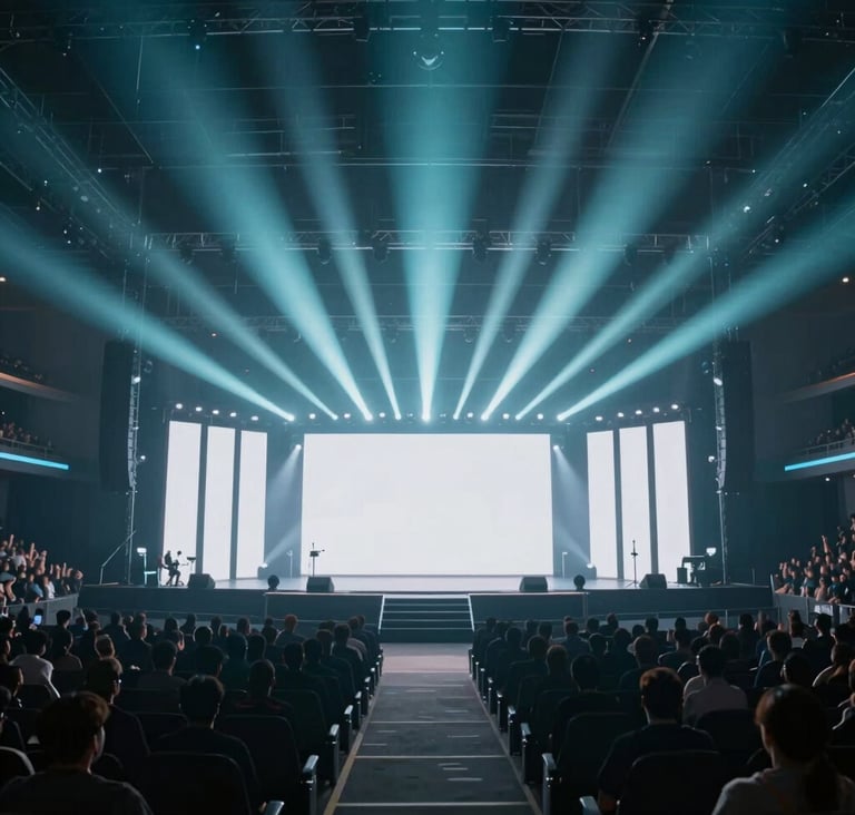 A wide angle shot of a massive esports arena stage with a clean, geometric design. The lighting is a mix of #4A6075 and sharp #EAF0F5 beams, creating a professional and high-energy atmosphere before the crowd arrives.