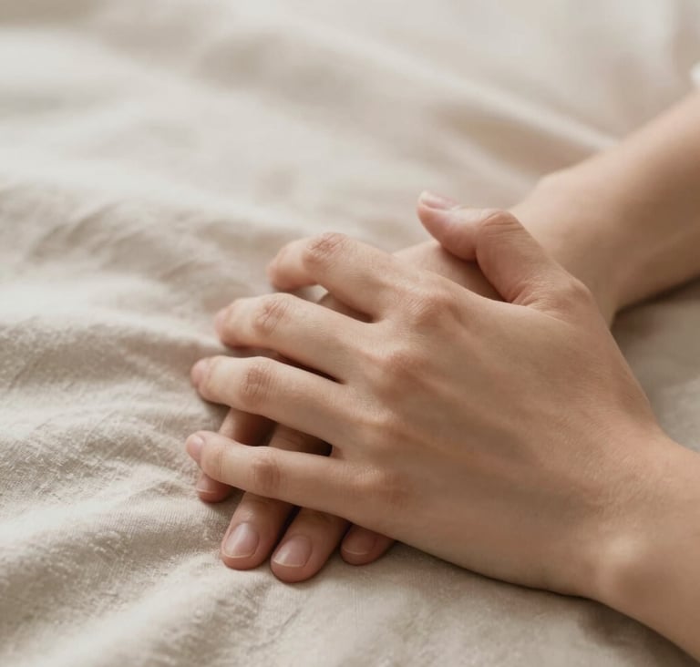 Close-up macro shot of two hands gently intertwined, resting on a soft #C8B6A6 beige textured fabric. Elegant morning light creates soft shadows. The image captures the authentic intimacy of the brand, utilizing a palette of #7B6654 and #F8F5EF.