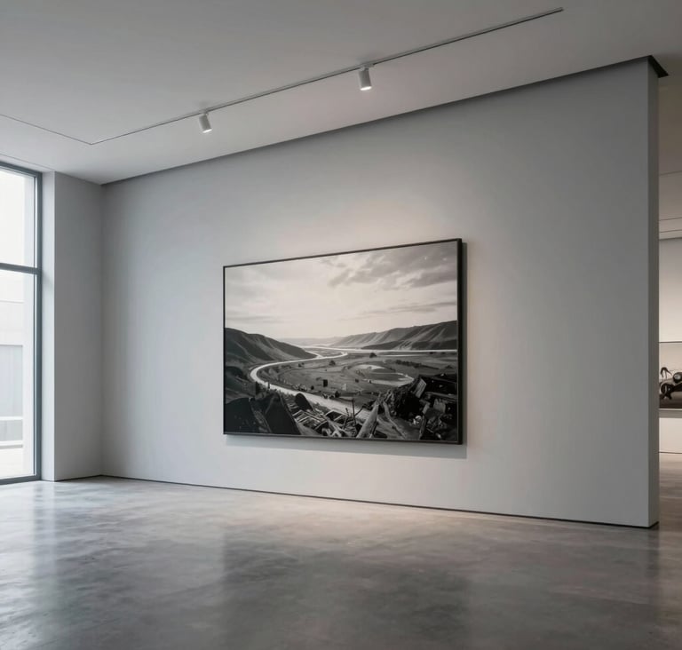 A wide shot of a minimalist art gallery interior with a single large-scale monochromatic photograph on a soft gray wall. High ceilings, clean architectural lines, and natural light. Global / Contemporary Art aesthetic.