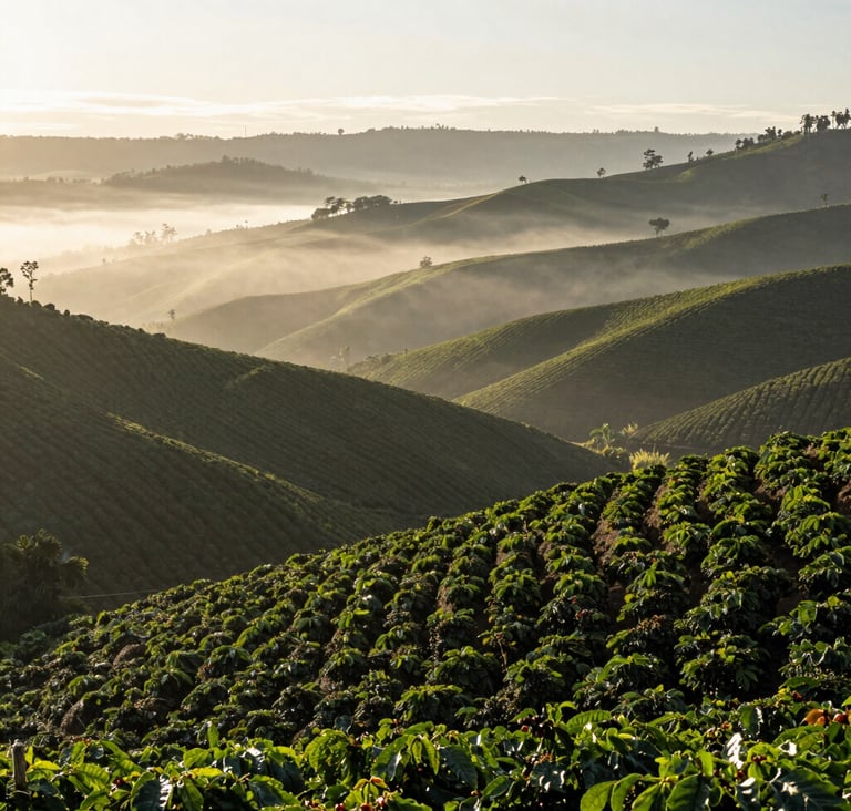 A wide landscape photography of rolling coffee plantations in the South American / Latin Andes, mist clinging to the green hillsides at dawn, layers of coffee bushes in neat rows, sophisticated and peaceful atmosphere with soft morning light.