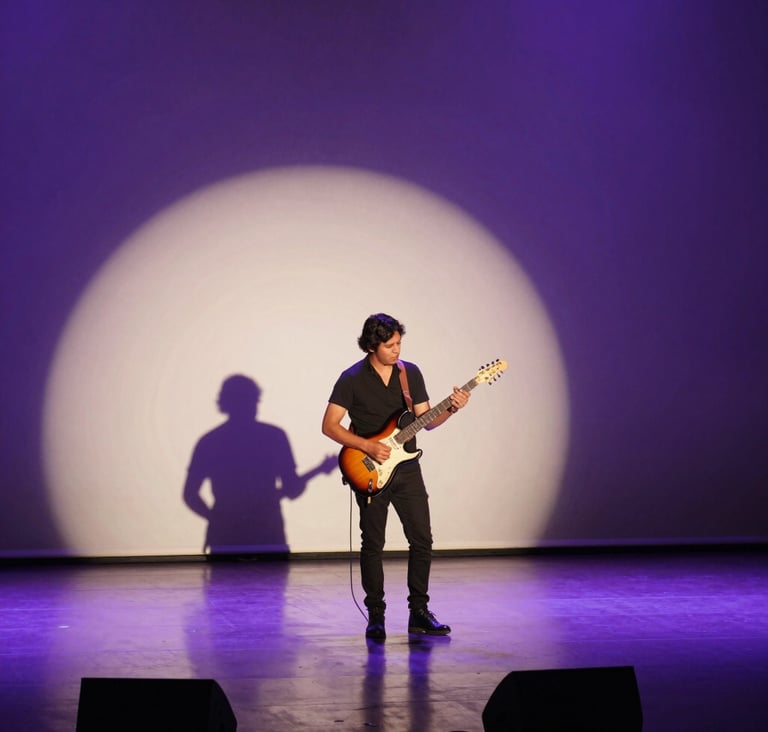 A wide-angle photography of a South American male musician on a minimalist stage holding an electric guitar, dramatic cinematic lighting with deep purple shadows and cream highlights, reflecting a contemporary pop and rock atmosphere.