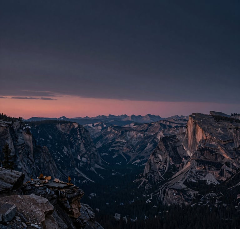 A breathtaking landscape photograph of a North American / US national park at sunset. Deep dark navy and blue-grey sky with a sliver of muted rose on the horizon. High detail, wide angle, professional photography.