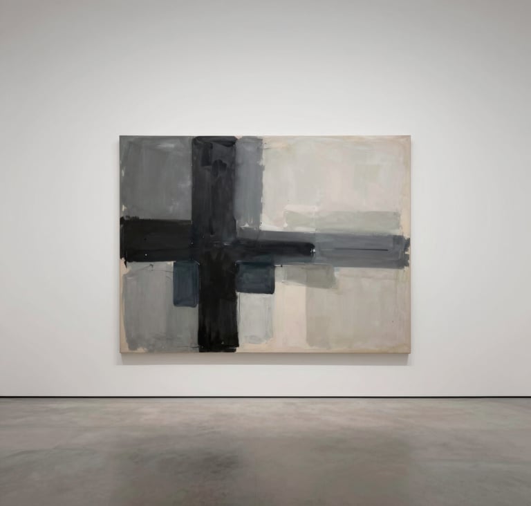 A wide, contemplative shot of a minimalist gallery space. A large canvas featuring abstract strokes of #1A1A1A and #C8C0B2 hangs on a clean wall. The mood is silent and immersive, inviting the viewer into the artist's personal narrative.