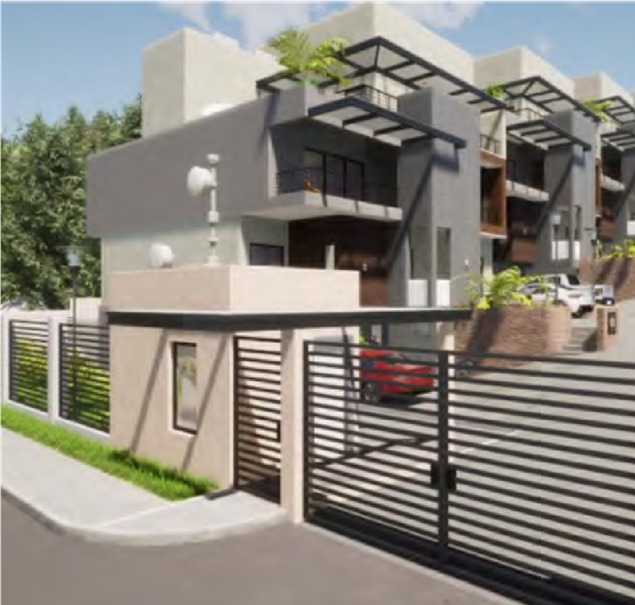 Modern multi-story townhouse with a gated entrance and black metal pergolas.