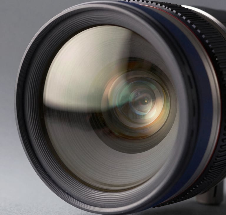 An extreme close-up photography of a professional anamorphic cinema lens in a North American studio. The lens glass shows intricate reflections of soft studio lights in off-white and navy tones. Sharp focus, sophisticated bokeh, and high-tech detail.