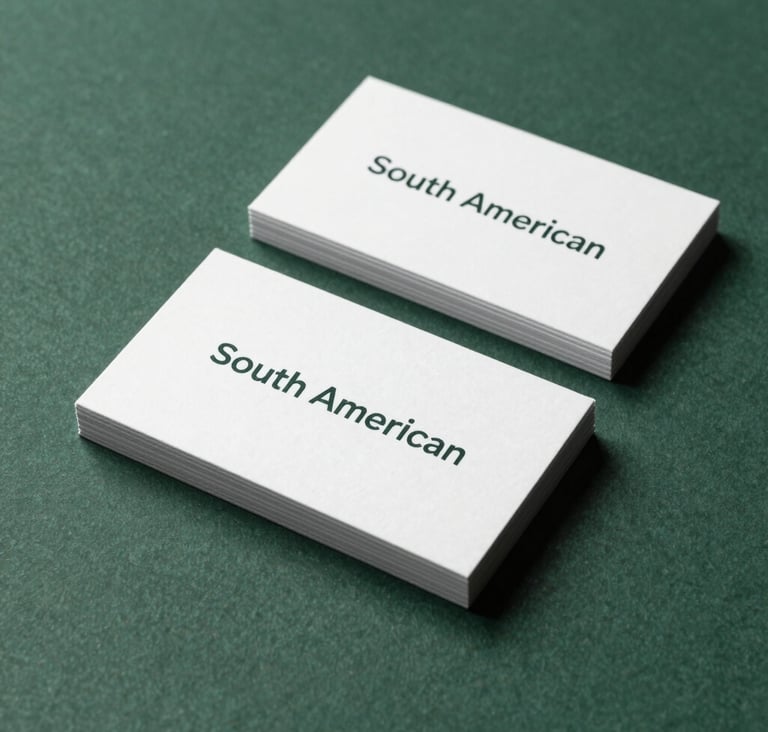 A close-up photograph of premium business card mockups with minimalist typography, arranged neatly on a dark green textured surface. Professional lighting with soft shadows, sophisticated South American corporate style.
