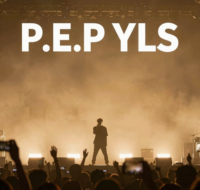 A wide-angle landscape shot of P.E.P YLS on stage during a sold-out show. The silhouette of the artist is surrounded by warm golden atmospheric lighting (#8D765D) and haze. The background shows a modern, clean stage design. Energy is palpable and powerful.