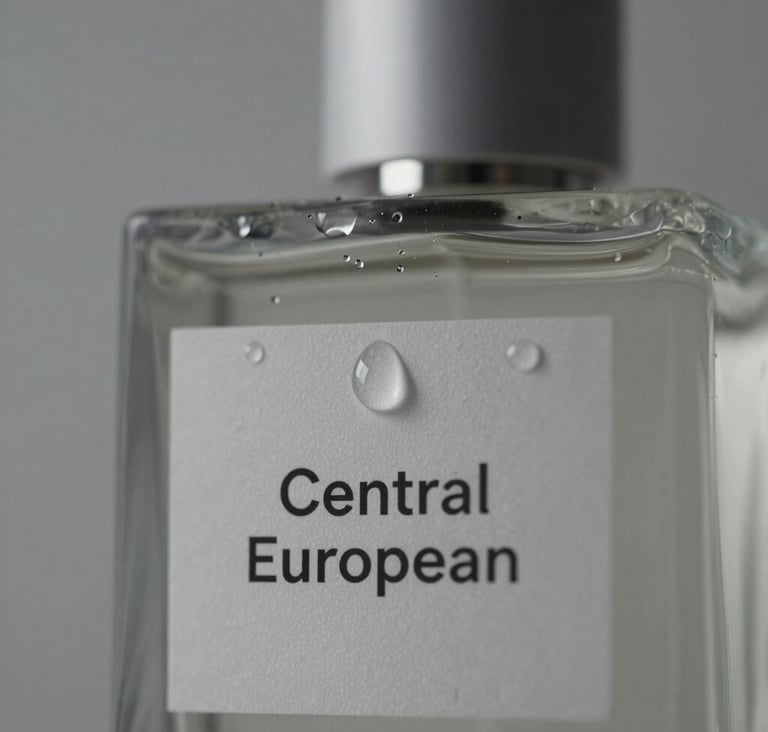An extreme close-up of a luxury perfume bottle with delicate water droplets on the surface, soft slate grey tones and elegant lighting, Central European minimalist aesthetic.
