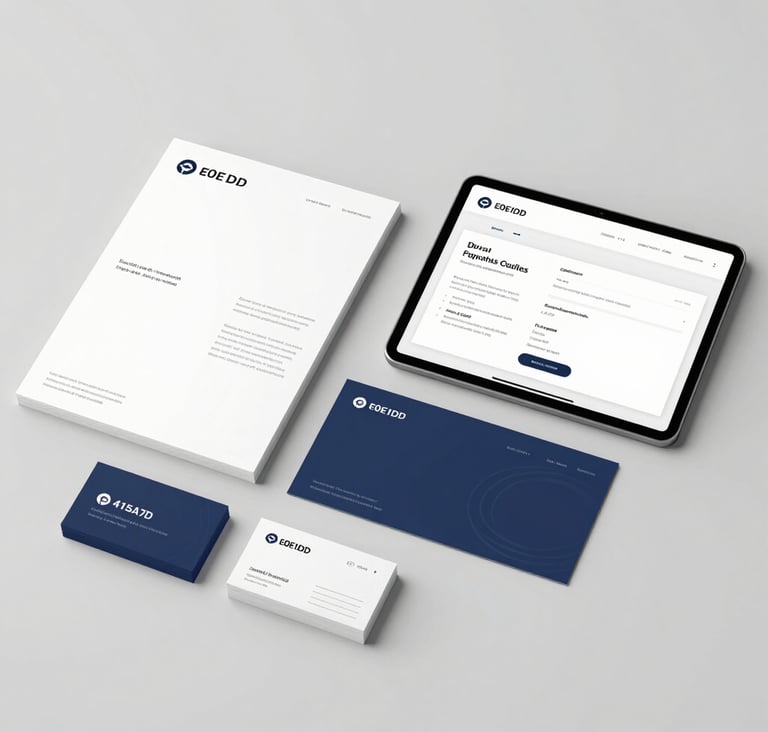 A wide, horizontal composition showing professional brand stationery, business cards, and a tablet displaying a clean UI design. Colors include #E0E1DD and #415A77. The atmosphere is sophisticated and orderly.