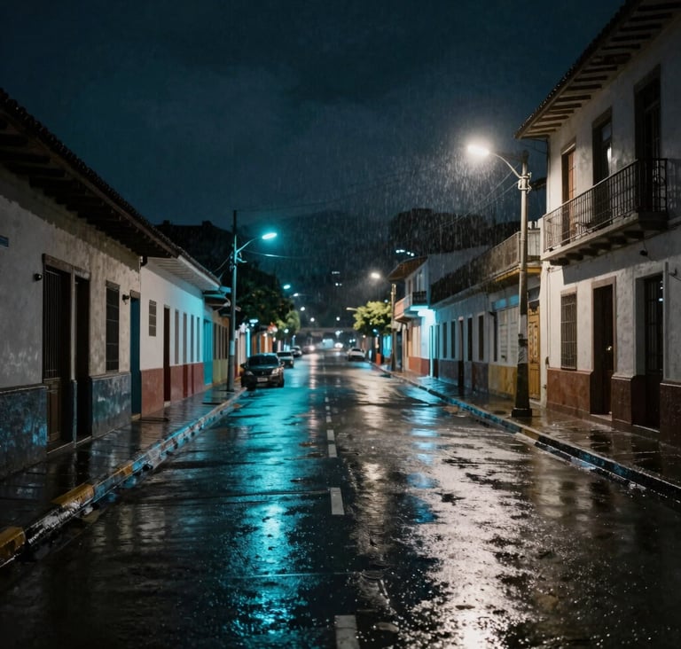 A wide cinematic shot of a rainy street in a South American / Colombian city at night. The wet asphalt reflects electric neon cyan and soft cloud white lights. Dark gunmetal gray buildings frame the scene. High-quality photography style.