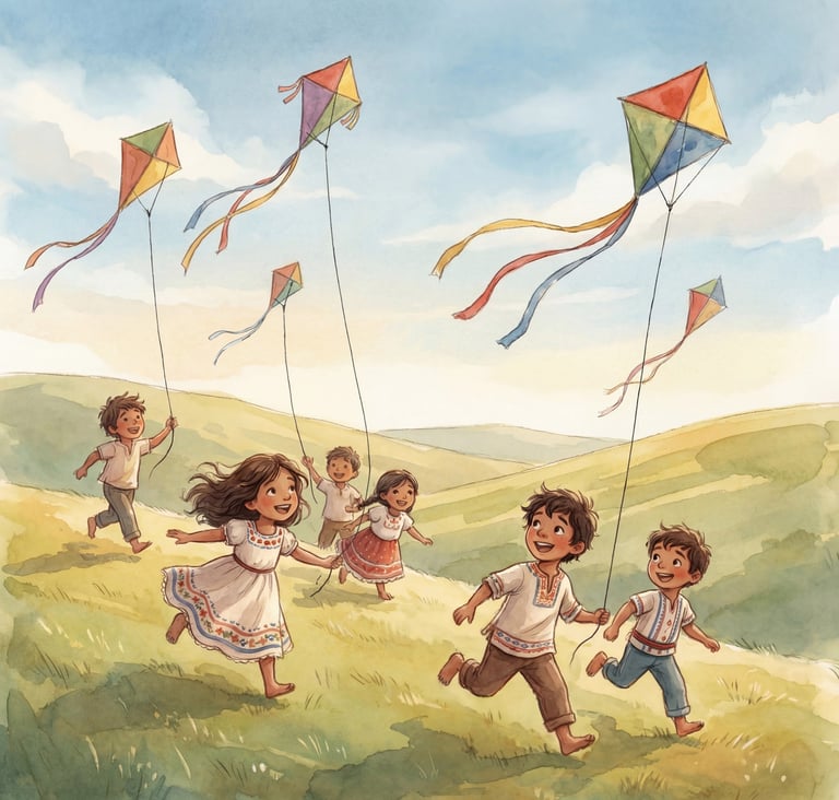 Watercolor illustration of happy children running on a grassy hill flying colorful kites in the sky.