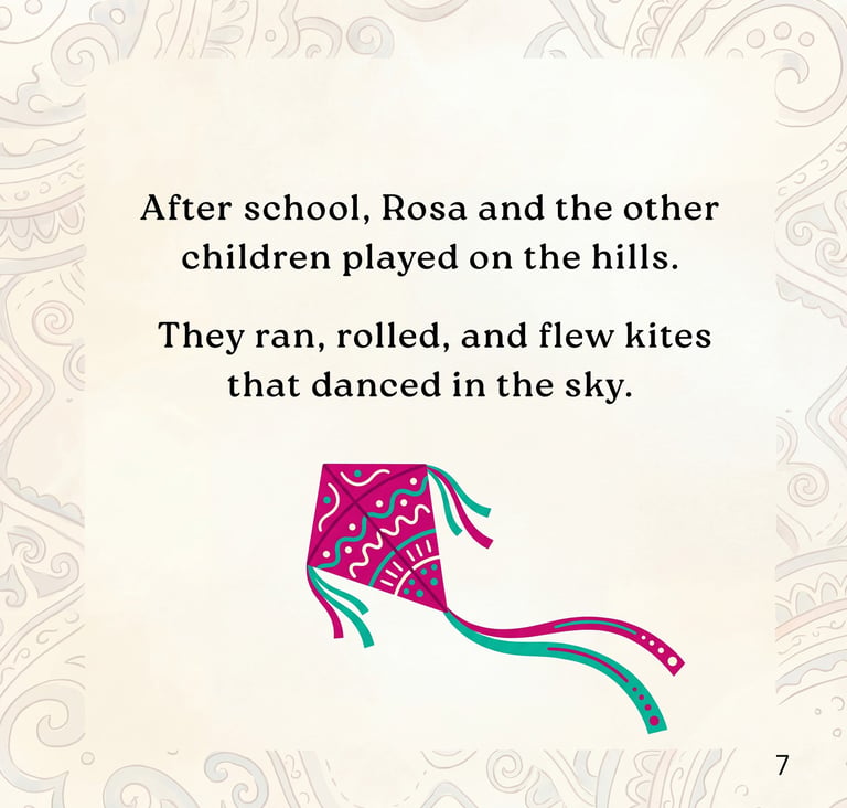 Illustrated children's book page featuring a colorful pink and green kite with text about children playing.