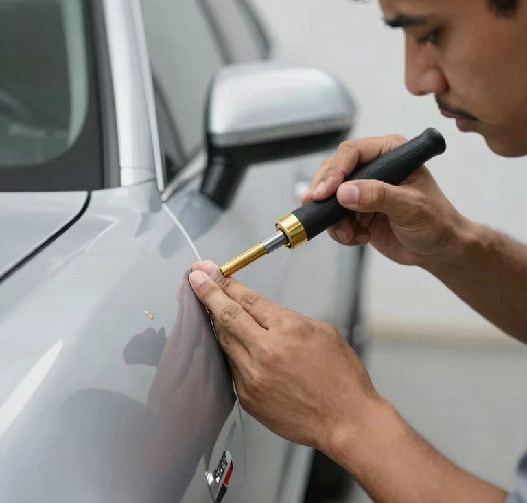 Close-up action shot of a professional varillero using a specialized gold-tipped tool to massage a dent from the inside of a silver car panel. Leading and powerful aesthetic. Sharp focus on the precision work. Incorporates brand mood of craftsmanship and professional quality.