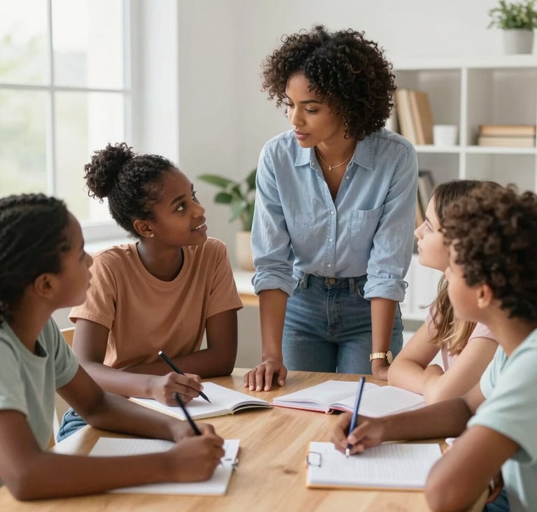 A warm, inviting classroom scene with a tutor guiding a diverse group of engaged students.