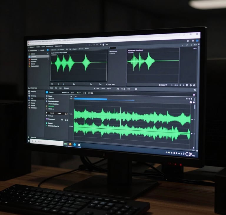 A sharp, high-contrast photograph of a professional monitor displaying a complex motion graphics timeline with green wave forms. The surrounding environment is pitch black, emphasizing a clean, technological workspace in a South American / Brazilian office.