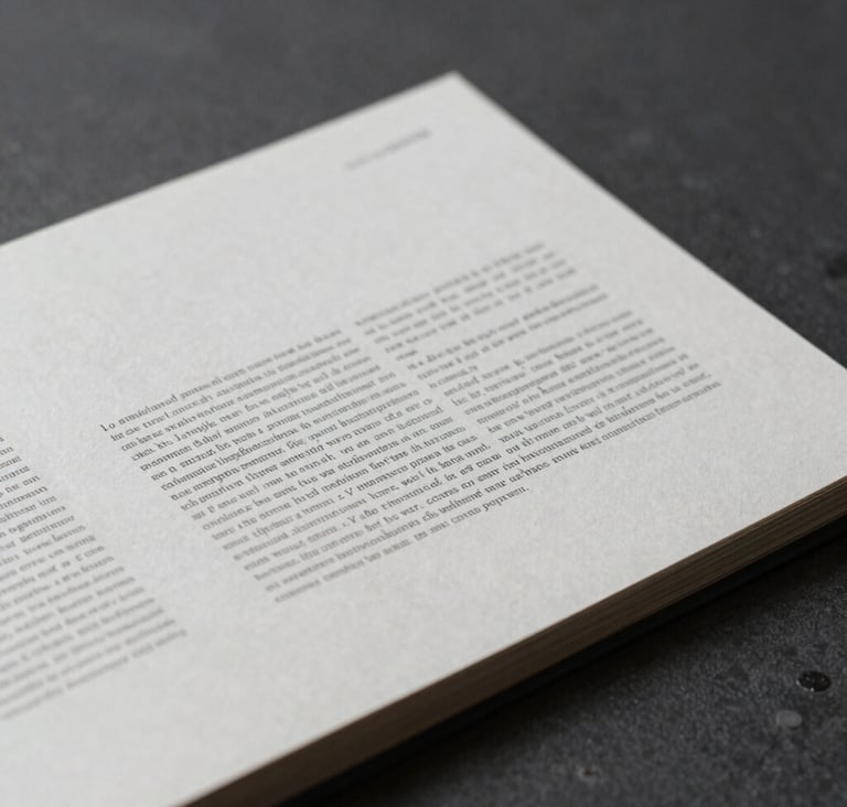 Desaturated, close-up photography of a printed editorial layout on high-quality paper, showing minimalist typography and clean lines, placed on a deep charcoal surface.