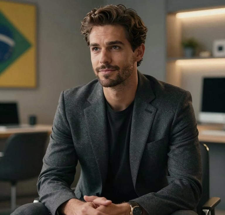Cinematic shot of a professional influencer sitting in a modern Brazilian studio. He is wearing a sophisticated dark gray blazer. The lighting is soft and focused, creating a professional and inviting mood.