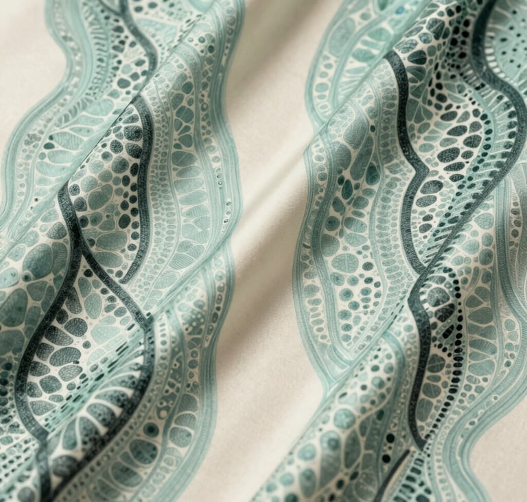 A close-up shot of a drawing on layered silk. The composition shows symmetrical, delicate patterns reminiscent of cellular membranes. Colors include pale seafoam and dark slate green on a cream-colored background. The style is clean and sophisticated.