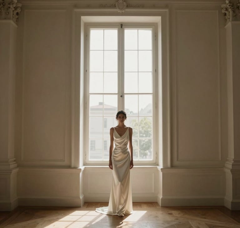 A wide-angle artistic shot of a bride standing by a tall window in a North American / European historical building. The room is decorated in soft cream and warm taupe tones. High contrast, minimalist composition, soft morning light hitting the silk of the minimalist off-white dress.