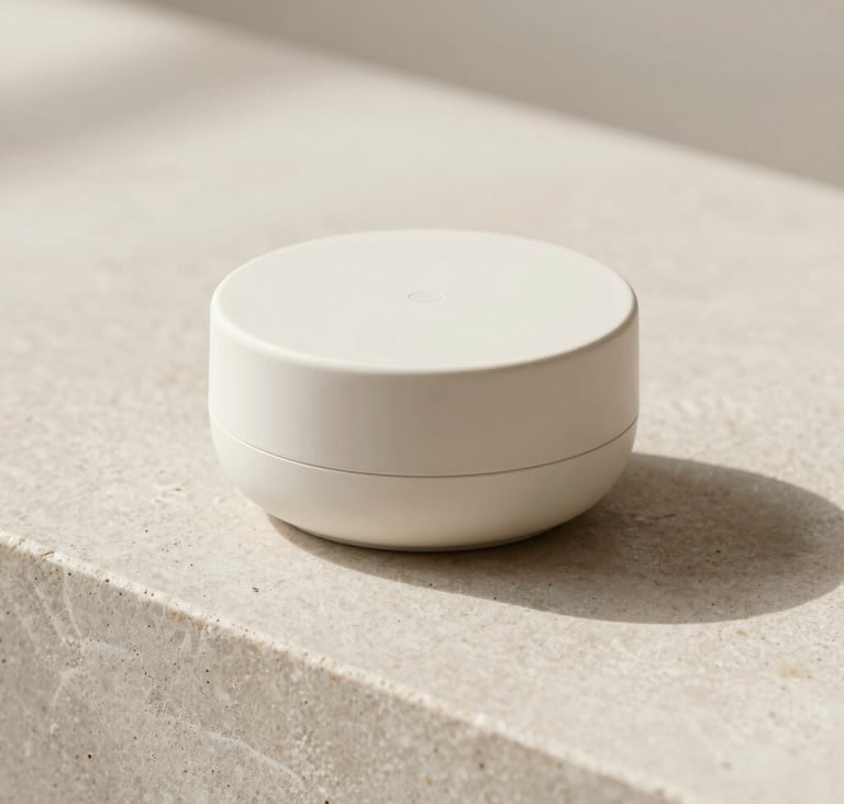 Commercial product photography of a luxury minimalist item on a smooth stone surface. Soft daylight, clean lines, and neutral off-white tones. International / Professional.
