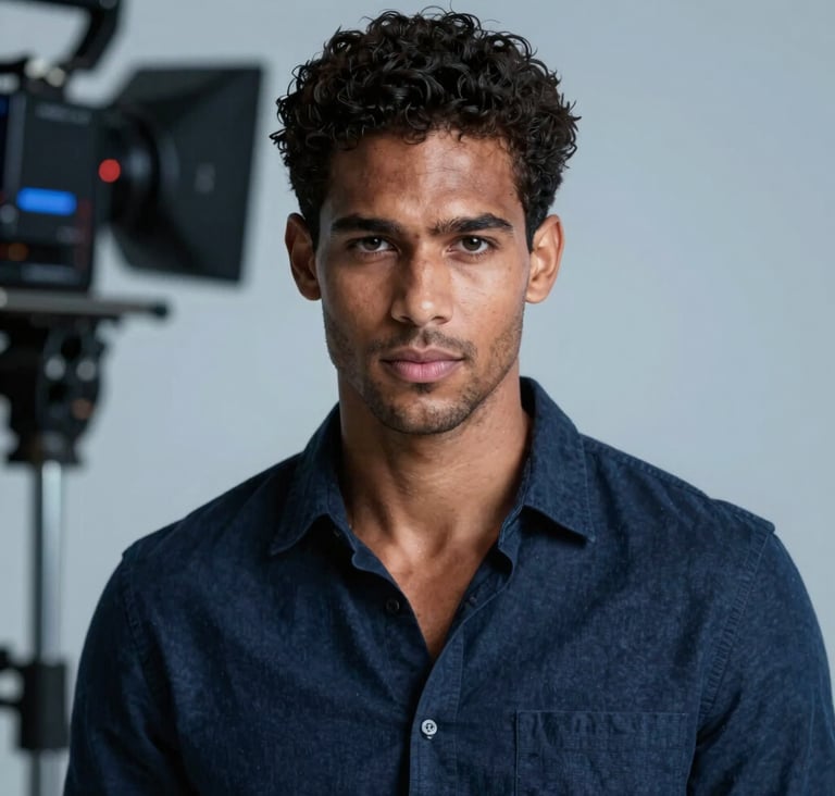 A cinematic, high-fashion portrait of a diverse male actor with intense lighting. The style is modern and professional. Background hints at a film set with professional equipment. Palette includes #0B1E22 and #1A5E63.