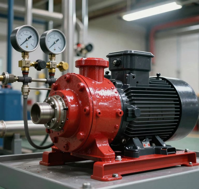 Fire suppression pump skid in a mechanical room, Bristol pump with red casing and black motor, pressure gauges and flow test connections visible, stainless piping, fluorescent ambient lighting in a commercial building mechanical space, no people