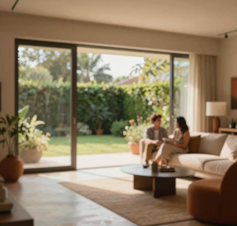 A wide-angle interior shot of a contemporary living space. Large sliding glass doors open to a lush garden. The lighting is warm and sun-drenched. A couple is seen in soft focus in the background, enjoying the space. Accents of #B85C3D terracotta in the decor.