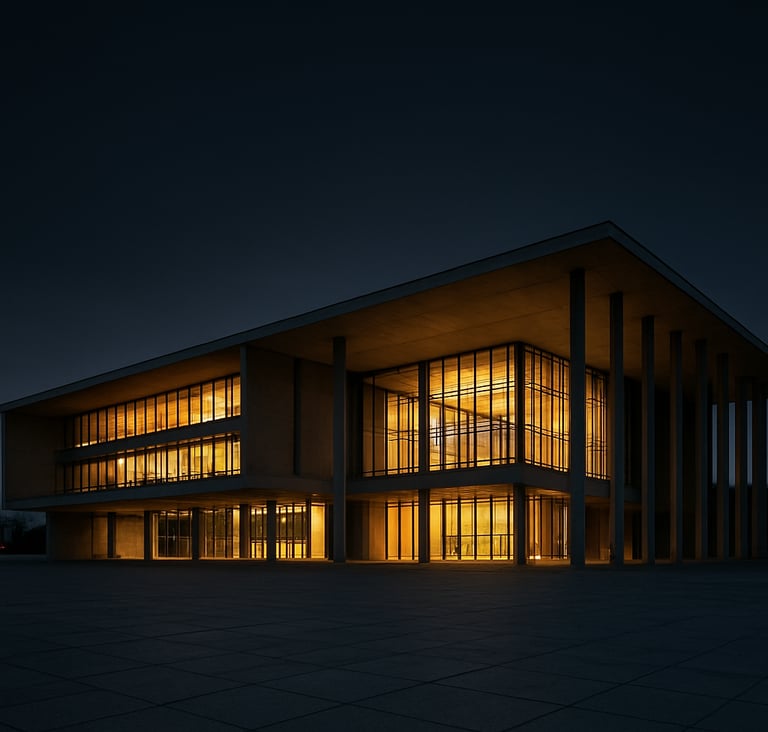 An expansive, cinematic wide shot of a modern architectural structure in an international setting at dusk. The sky is a deep charcoal black, with the building's windows glowing in a warm gold light, minimalist and grand.