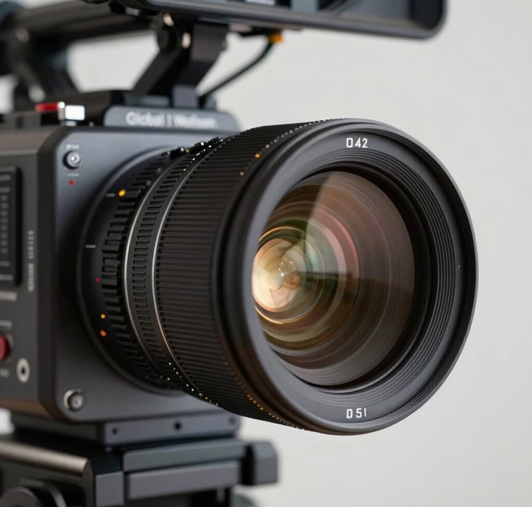A close-up of a professional cinema camera lens reflecting soft gold studio lights. The camera body is a matte dark grey, positioned in a sophisticated film studio environment. Global / Western.