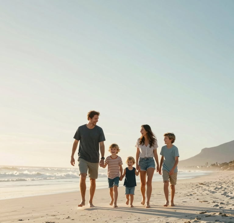 A vibrant action shot of a family laughing together on a South African beach during the golden hour. The sky is a soft wash of Pearl White and Soft Mint, capturing a sense of adventurous spirit.