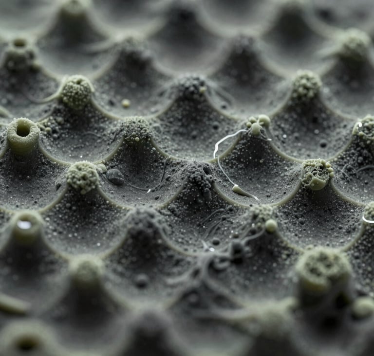 A wide, cinematic microscopic shot of fluid dynamics. Geometric patterns emerge from a dark charcoal liquid as if responding to sound, with dusty sage highlights and a milky glass texture, suggesting a lab investigation.