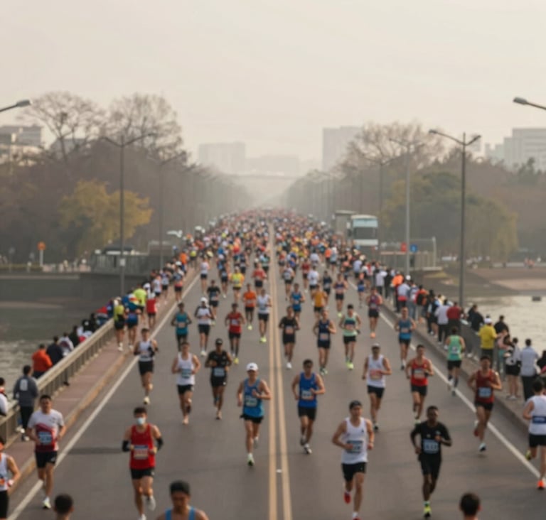 A wide-angle lens capture of the start of the marathon. Thousands of runners flooding a wide city bridge, create a sea of movement. The palette features #403B3B in the asphalt and #F2F1ED in the morning sky mist.