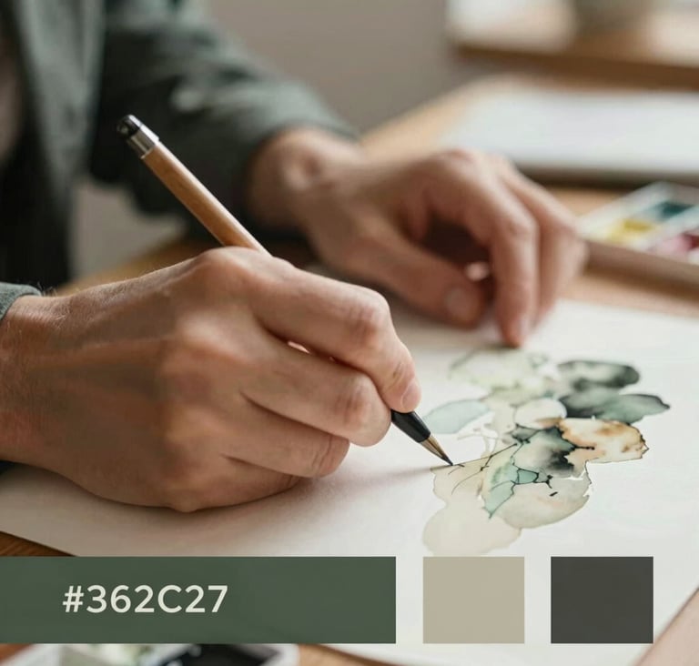 A professional fine art photograph of an artist's hands working on a watercolor piece, warm natural lighting, soft focus on the background, sophisticated and understated atmosphere featuring the brand palette colors #362C27 and #A89B90.