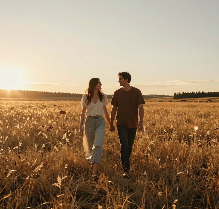 A wide cinematic shot of a North American couple walking through a golden meadow at sunset. The lighting is sun-drenched with soft lens flares. Artful composition, authentic connection, featuring earthy brown and terracotta hues.