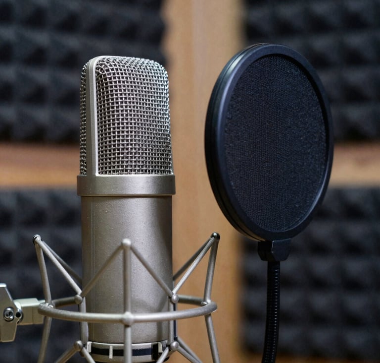 A sharp, macro photograph of a professional studio condenser microphone with a metallic pop filter. The background consists of blurred soundproof walls with dark navy acoustic panels. Lighting is crisp and technical, highlighting the metallic textures in a light grey and slate blue color scheme.