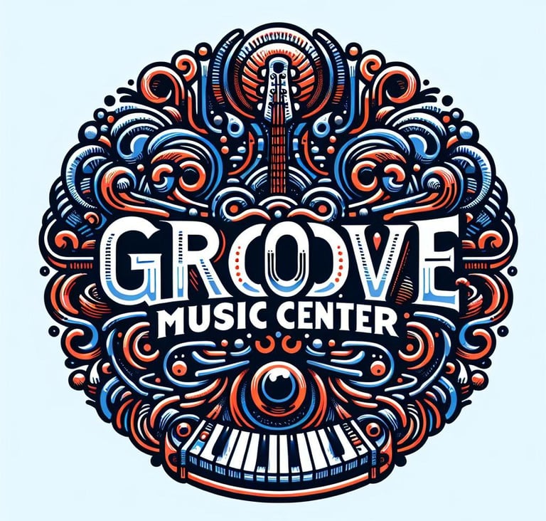 red white and blue groove music center logo