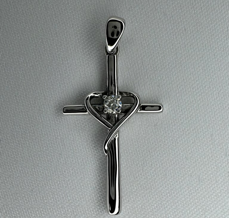 Sterling Silver Cross with Heart Moissanite Pendant